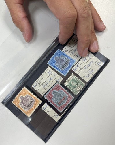 Sold £1,700: Straits Settlements overprinted specimen stamps, $500, $100 and two $25.