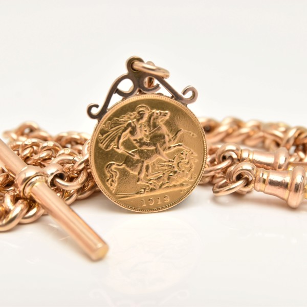 9Ct Gold Double Albert Chain With Mounted 1913 Half Sovereign Sold £1,350